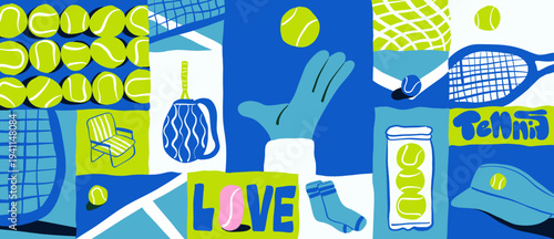 Stylish flat illustration collage featuring tennis-themed elements. Ideal for tennis clubs, sports branding, banner, athletic apparel, posters, and active lifestyle designs.