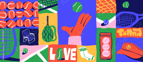 Playful flat illustration collage featuring tennis-themed elements. Ideal for tennis clubs, banner, sports branding, athletic apparel, posters, and active lifestyle designs.