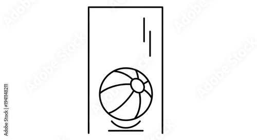 Dynamic line art illustration of a bouncing beach ball within a rectangular frame showcasing