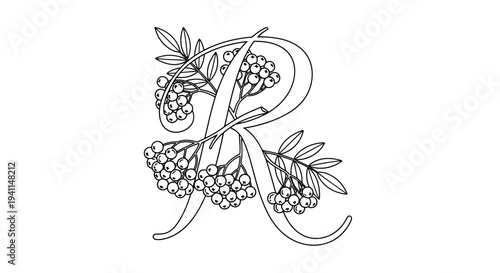Intricate Line Art Monogram R Adorned with Botanical Rowan Berries and Lush Foliage Outline