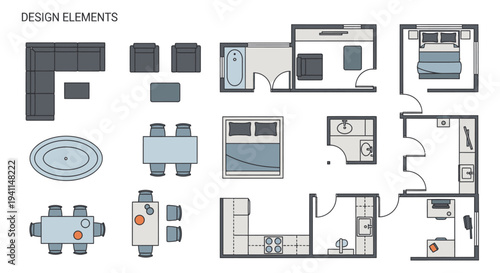 top-down blueprint collection featuring architectural floor plans and interior design furniture elements for home staging