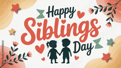Happy siblings day celebration with silhouettes of brother and sister holding hands surrounded by hearts flowers and stars