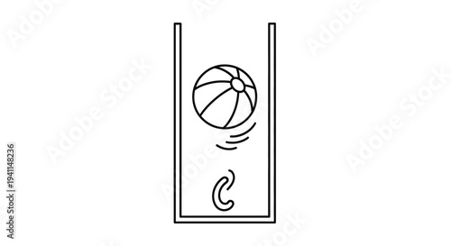 Simple graphic illustrating a bouncy sphere navigating a confined vertical passage toward a curved