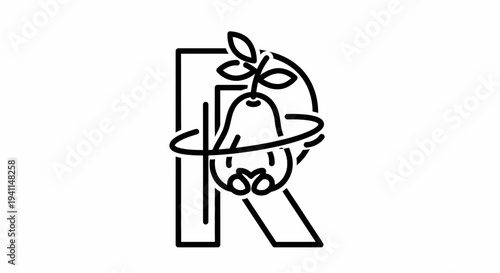 Stylized letter R combined with a botanical fruit design and orbiting elements in a clean modern