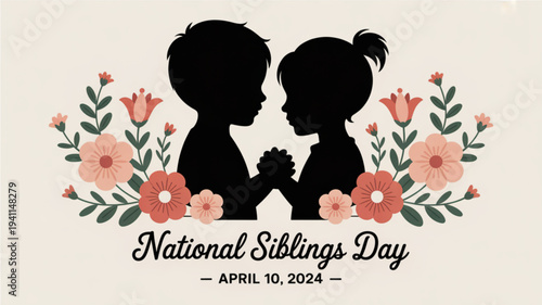 Silhouette of siblings holding hands surrounded by flowers on national siblings day