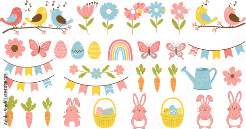 Cute Easter Spring Vector Set with Bunnies, Eggs, Flowers, Birds, Carrots, Rainbow and Festive Holiday Decorations