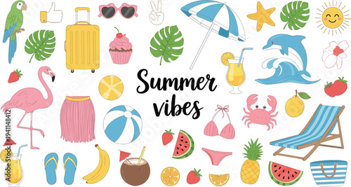 Summer Vibes Vector Set with Beach Accessories, Tropical Fruits, Flamingo, Umbrella, Suitcase and Vacation Holiday Elements