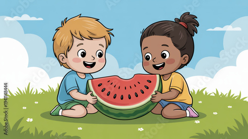 Two diverse children happily share a large slice of juicy watermelon on a sunny green meadow