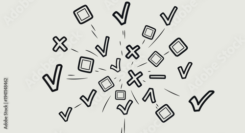 dynamic explosion of checkmarks x marks and empty boxes illustrating decision-making and evaluation feedback