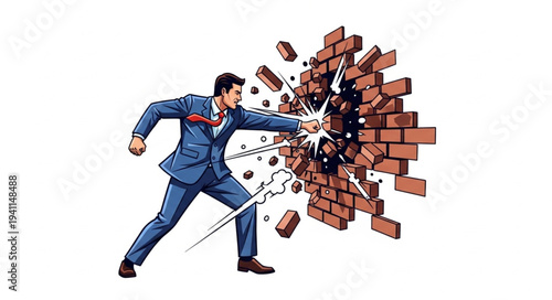 Man Breaking Through Brick Wall.