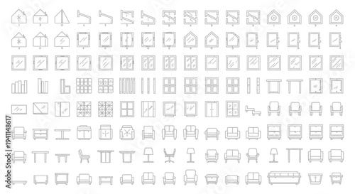 grid of minimalist architectural and furniture line icons for building plans interior design and construction projects.