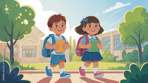 Two happy school children walking to class on a sunny day with backpacks and books outside a school building