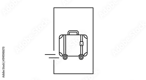 Dynamic outline illustration of a wheeled suitcase in motion through a gateway representing quick