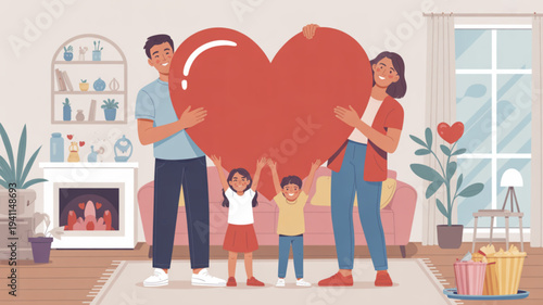 Happy family holding a large heart in a cozy living room with a fireplace and plants conveying love and warmth in a domestic setting