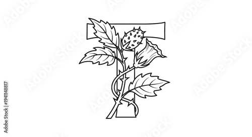 Ornate T letter with botanical thistle-like elements and intricate thorny detailing