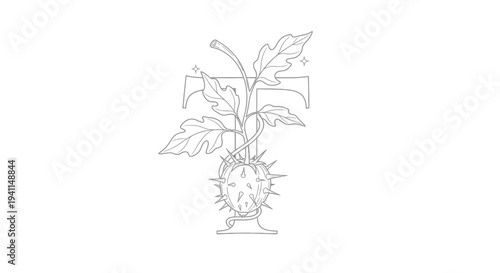 Detailed botanical line art monogram featuring initial T adorned with spiky fruit and organic leaves