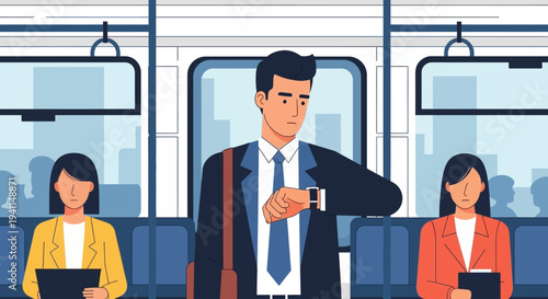 Commuter checking watch on busy subway train, urban commute, businessman on public transport