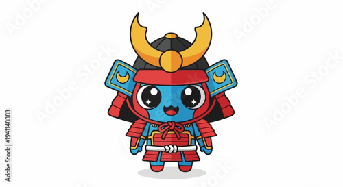 Cute Blue Samurai Warrior Character with Armor and Helmet