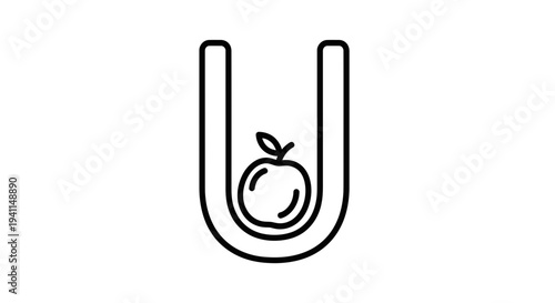 Minimalist black outline drawing of an apple nestled within the letter U, symbolizing education or
