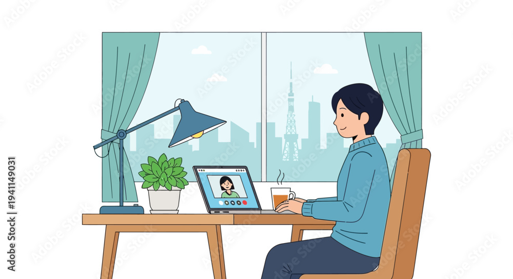 Naklejka premium Man working from home on laptop, video call with colleague, city view