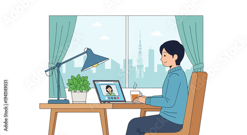 Man working from home on laptop, video call with colleague, city view