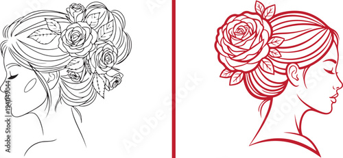 Elegant vector profile of a woman featuring an ornate rose-filled bun. Includes a detailed black line art version and a vibrant red minimalist outline. Perfect for boutique beauty and spa branding.
