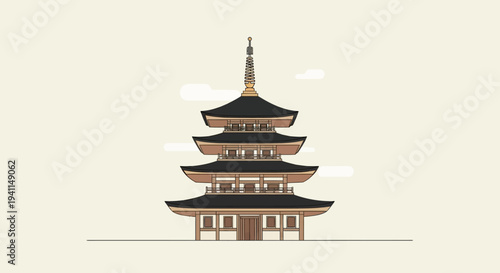 Pixel Art Japanese Pagoda Building, Traditional Architecture, Minimalist Design