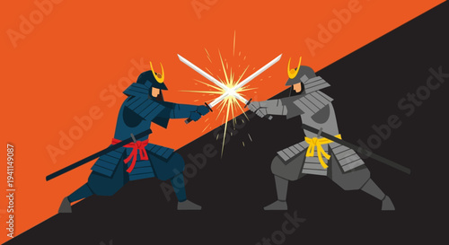 Samurai Warriors Clash Swords in Dynamic Battle Illustration