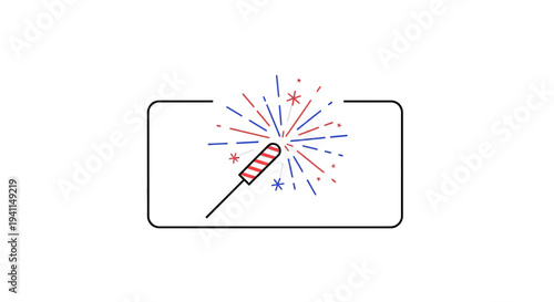 Minimalist firecracker illustration with vibrant red and blue sparks bursting within a clean
