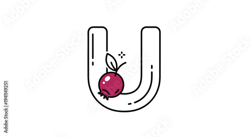 Modern line art letter U illustration featuring a charming small red berry and green leaf accent
