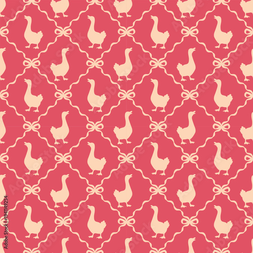 Bright seamless goose and bow pattern in bold spring colors. Decorative Easter background with elegant lattice repeat design.