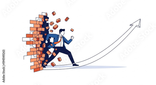 Businessman Breaking Through Brick Wall.