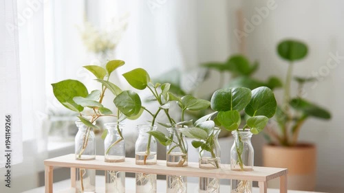 Sunlit houseplants in test tubes on wooden rack by window