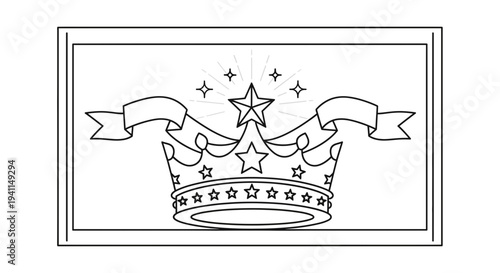Detailed line art illustration of a royal crown adorned with shining stars and elegant decorative