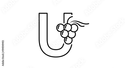 Monoline letter U design with minimalist grape cluster illustration for elegant branding