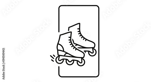 Sleek line art illustration of classic roller skates within a modern rectangular frame icon graphic