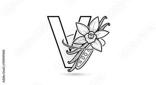 Artistic monochrome line drawing showing initial V intertwined with blooming vanilla flower and