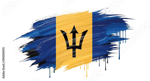 Barbados Flag Painting with Trident Symbol.