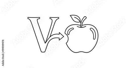 Minimalist line art depicting a capital letter V sending an arrow towards a partially eaten fruit