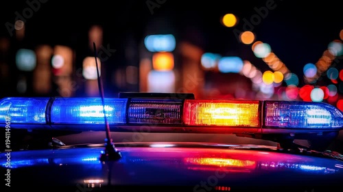 Dynamic urban night scene with flashing police car lights amidst city bokeh