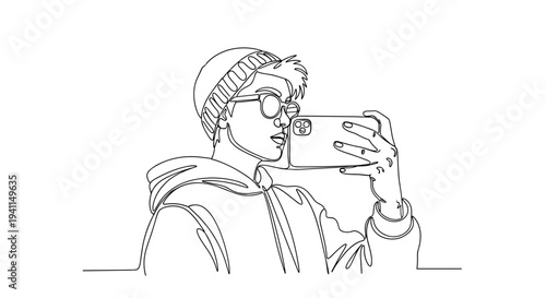 Young man taking selfie with smartphone in minimal line art