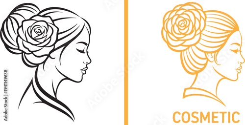 Elegant cosmetic vector art featuring a side-profile black line drawing and a vibrant orange minimalist version, both showcasing women with sophisticated rose-adorned hair buns.