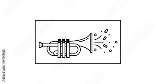 Minimalist line art illustration of a trumpet producing festive musical notes for celebration and