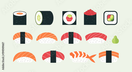 Assortment of Japanese Sushi and Rolls on a Light Green Background, Flat Design