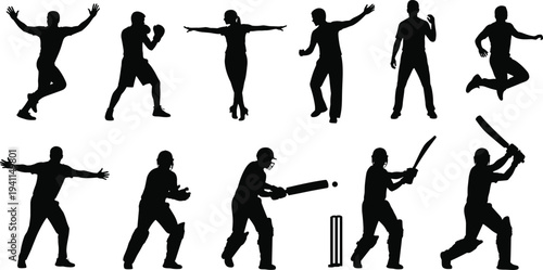 Black silhouette collection of professional athletes including cricket players, boxers, and fitness people performing sports actions isolated on white background
