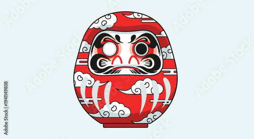 Japanese Daruma Doll with Red Clouds and Traditional Face - Symbol of Luck
