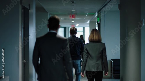 National Hangover Day. Business professionals walking through office corridor with purposeful motion