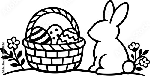 Easter bunny silhouette sitting by a wicker basket filled with patterned eggs and spring flowers for seasonal holiday celebration and festive greeting card concept vector line art