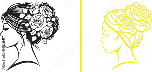 Elegant vector profile of a woman with a large rose-adorned bun. Features a detailed black ink line art version and a vibrant yellow minimalist outline. Perfect for beauty, hair, and spa branding.