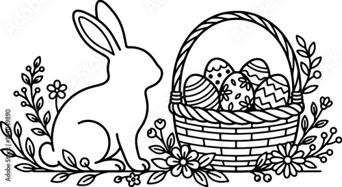 Cute easter bunny silhouette sitting next to a wicker basket full of decorated eggs and spring flowers for holiday celebration greeting card and seasonal decoration vector line art